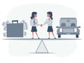 Business partners shaking hands as a symbol of unity. Business people standing on seesaw between car and a suitcase of Royalty Free Stock Photo