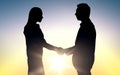 Business partners silhouettes shaking hands