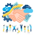 Business and partnership concept, agreement of parties, hand shake, success, hi-tech technology, signing documents, working Royalty Free Stock Photo