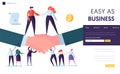 Business Partnership Concept Landing Page. People Character Stand on Two Businessman Shaking Hand. Symbol of Successful Royalty Free Stock Photo