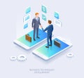 Business partnership conceptual design. Businessman handshake together on top mobile phone vector isometric illustrations