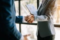 Business partnership handshake concept.Photo two coworkers handshaking process.Successful deal after great meeting Royalty Free Stock Photo