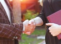 Business partnership handshake concept.Photo two coworkers handshaking process.Successful deal after great meeting. Royalty Free Stock Photo
