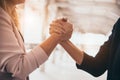 Business partnership meeting trust handshaking concept. Businesswomen doing arm wrestling. Successful business people contract Royalty Free Stock Photo