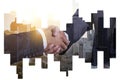 Business partnership successful concept, Double explosure businessman handshake on Abstract city view Backgorund