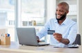 Business, payment and black man with a credit card, laptop and connection with accounting. Male person, customer and