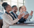 Business people, applause and meeting in celebration for good job, winning or thank you at office. Group of employee Royalty Free Stock Photo