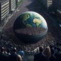 Business people around the world with 3D Earth in the center. World Population Day concept. Royalty Free Stock Photo