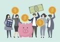 Business people and bankers with money illustration