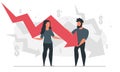 Business people are bankrupt. Man and woman hold the falling red down arrow together. Unsuccessful investment concept vector Royalty Free Stock Photo