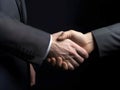 business people in black suits standing and shaking hands, close-up. successful, businessmen handshaking