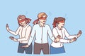 Business people with blindfolds look in different directions, symbolizing lack coherence employees