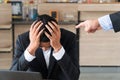 Business people the boss, point fingers, blame. businessmen holding the head stress being boss blame. Concept of accused