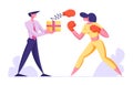 Business People Boxing. Woman Fighting with Man Holding Box with Pop Up Glove on Spring, Manager Characters Business