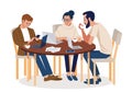 Business people busy preparing team project outdoor in modern cafe setting. Colorful flat cartoon style isolated vector