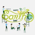 Business people cartoon character & Green happy earth day typographical design elements.Happy Earth Day hand lettering icon.Happy