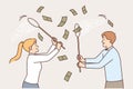 Business people catching money falling from sky using net for easy earning or casual income concept