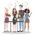 Business people celebrate birthday together. Woman holding