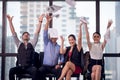 Business people celebrating by throwing their business papers and documents fly in air, Power of cooperation, Success teamwork Royalty Free Stock Photo