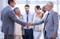 Business people, CEO or shaking hands for deal, b2b collaboration or teamwork in office. Handshake, partnership or proud Royalty Free Stock Photo