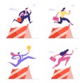 Business People Characters Holding Briefcase and Light Bulb Jump over Obstacles, Running Sprint Race with Barrier