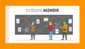 Business People Characters Working with Graphs at Scrum Board Landing Page Template. Plan Developing