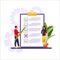 Business people checking completed tasks and prioritizing tasks in to do list. Vector illustration. Isolated flat Royalty Free Stock Photo