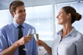 Business people, cheers and wine drinks for office celebration, staff party and event. Happy man, woman and employees Royalty Free Stock Photo