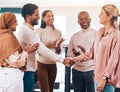 Business people, clapping and diversity handshake in meeting celebration, success promotion or partnership. Professional Royalty Free Stock Photo
