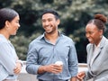 Business people, coffee break and funny group in city together outdoor. Team, tea and laughing employees in street, man Royalty Free Stock Photo