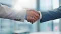 Business people, collaboration and shaking hands for agreement, deal and praise for success, welcome or reward. Closeup Royalty Free Stock Photo