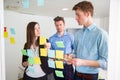 Business People Communicating While Sticking Notes On Glass