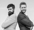 Business people concept. Bearded business people posing confidently. Perfect in every detail. Business men stand blue