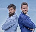 Business people concept. Bearded business people posing confidently. Perfect in every detail. Business men stand blue Royalty Free Stock Photo