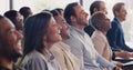 Business people, conference and happy audience laughing at a seminar, workshop or training. Diversity men and women Royalty Free Stock Photo