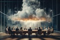 Business people in conference room with cloud explosion above them. Mixed media, A boardroom with executives brainstorming, AI