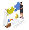 Business people connecting jigsaw puzzle pieces together, vector isometric illustration. Arabic team work, partnership. Royalty Free Stock Photo