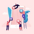 Business People Creative Team Putting App Icons on Huge Smartphone Screen Standing on Ladder. Designers Develop Application Royalty Free Stock Photo