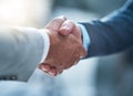 Business people, deal and handshake by men for b2b partnership, welcome and hiring success. Thank you, shaking hands and Royalty Free Stock Photo