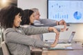 Business people, desk and stretching arms at meeting for finance, budget and accounting presentation. Group, corporate