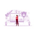 Business, people, development, and startup concept. Woman standing in front of computer. Full Stack Concept.