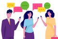 Business people discuss social network concept, dialogue speech bubbles.