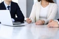 Business people discussing contract working together at meeting at the glass desk in modern office. Unknown businessman Royalty Free Stock Photo