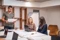 Businessman reading project instructions, women team leaders setting up first steps for work Royalty Free Stock Photo