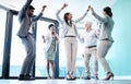 Business people, diversity and dancing in office for team building, celebration or corporate event. Happy group of Royalty Free Stock Photo