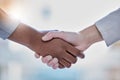 Business people, diversity and handshake in partnership, b2b or agreement for deal, unity or trust at the office Royalty Free Stock Photo