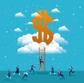 Business people with dollar symbol in the sky and stair Royalty Free Stock Photo