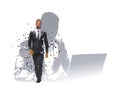 Business people, double exposure of walking business man and man working on his laptop. Programmer, coder, isolated vector