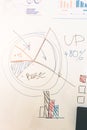 Business, people, economics, analytics and statistics concept. Pie chart drawn on the white board. Many charts and