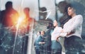 Business people in front of window look far. Future vision, teamwork startup an partnership concept. Double exposure Royalty Free Stock Photo